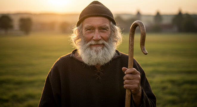 Elderly bearded shepherd with a hat and staff in a field at sunset, looking at the camera with a smile - Powered by Adobe