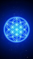 Flower of life symbol in neon blue light.