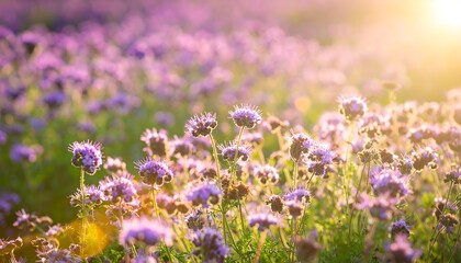 A field of vibrant purple wildflowers bathed in golden sunlight, creating a serene and beautiful scene.