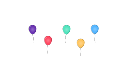 Colorful balloons floating up on a black background. Set of vibrant purple, blue, red, green, and yellow balloons for birthday parties, celebrations, and festive events. 2D cartoon style. Alpha.
