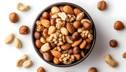 Obraz premium Peeled hazelnuts in a bowl on black background from above