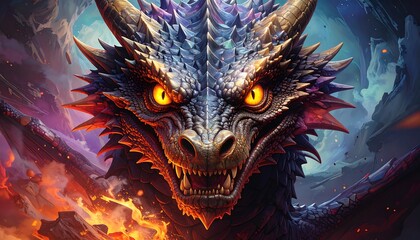 A detailed close-up of a magnificent dragon's head, showcasing intricate scales and menacing features, set against a backdrop of fiery volcanic landscapes.