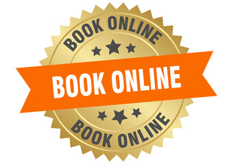 book online. book online round orange and gold label isolated on transparent background