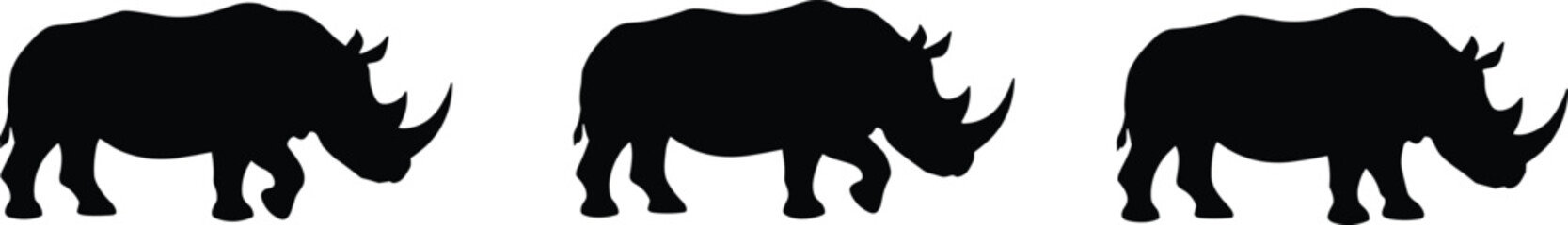 WebRhinoceros silhouettes, side view, horned animal, vector, black, wildlife, identical, trio, nature, endangered, safari, strong