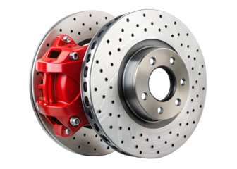 Car brake disc and red calipers isolated on white background PNG,AI GENERATED