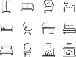 Home Furniture Line Icons — Sofa, Bed, Chair, Desk, Wardrobe and Fireplace Vector Set