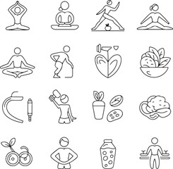 Naklejka premium Yoga Poses, Fitness and Healthy Food Line Icons — Wellness Vector Set