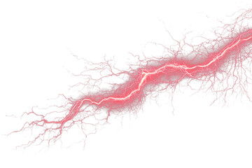 Red lightning, isolated on a transparent background, vivid and jagged bolts with glowing edges, dynamic and electrifying energy. PNG
