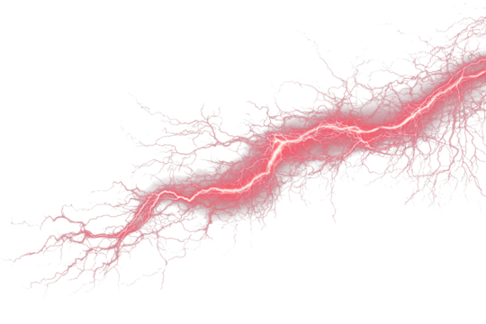 Red lightning, isolated on a transparent background, vivid and jagged bolts with glowing edges, dynamic and electrifying energy. PNG
