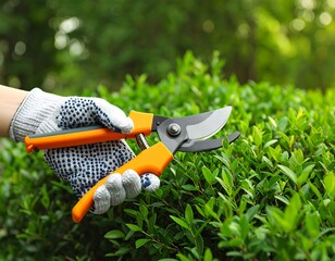 Gardener trimming hedge with shears