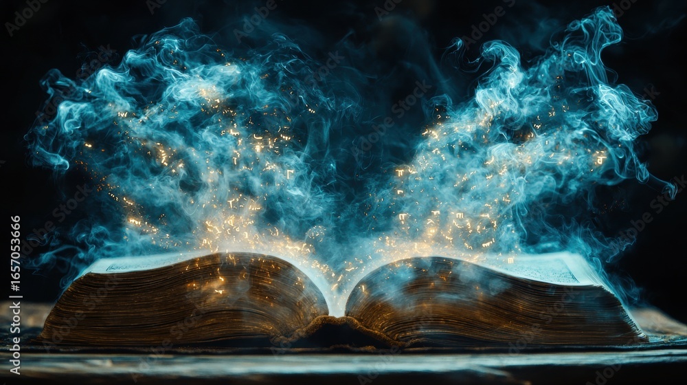 Poster open book releases shimmering light and wispy clouds creating dreamlike atmosphere. enchanting glow 