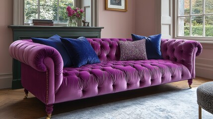Elegant interior showcasing plush purple sofa adorned decorative cushions set against pastel wall and large window floods room light.