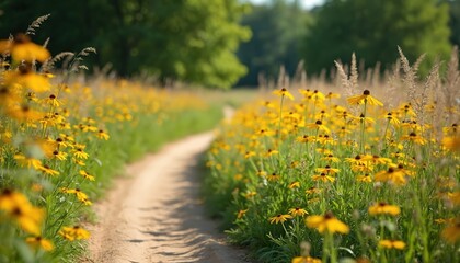 Summer wildflower meadow path with yellow flowers in full bloom. Dirt trail winds through lush green grass, tall plants under bright sunny sky. Scene evokes peaceful nature walks, outdoor exploration.