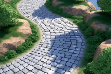 A winding cobblestone path through a garden landscape with rocks and lush green vegetation around it
