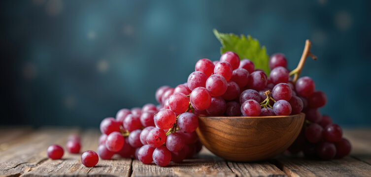 Fresh red grapes artfully arranged in rustic wooden bowl. Natural, plump berries sit on textured wooden surface, complemented by minimalist, bokeh background. Still life composition evokes harvest - Powered by Adobe