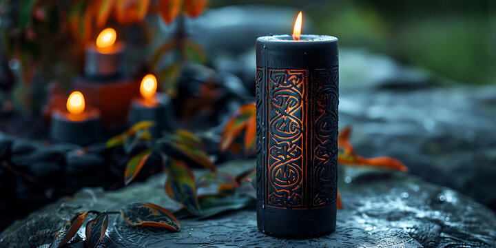 "Lit Candle with Autumn Leaves on a Stone Surface"