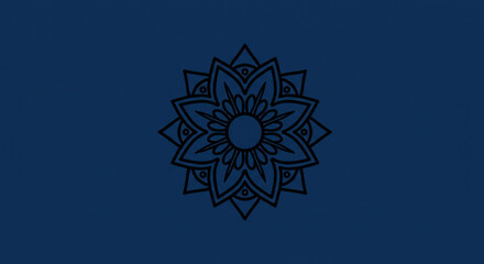 Intricate dark blue mandala flower pattern with geometric symmetry on a solid blue background
