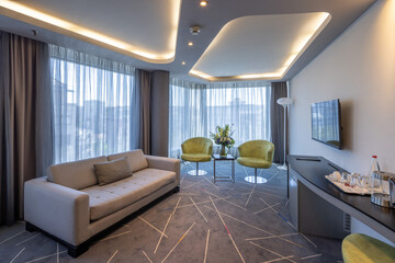 Interior of a modern hotel room with contemporary furniture