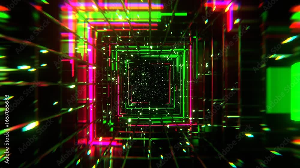 Poster abstract tunnel of neon green and pink squares with glowing particles, creating a futuristic, techno