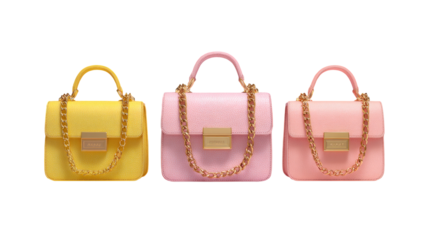 Three pastel-colored handbags displayed in a row.  