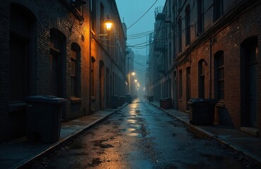 Obraz premium Grungy, dirty urban alleyway at night. Wet asphalt reflects streetlights casting eerie glow on brick buildings. Rubbish cans line narrow passage creating desolate, slightly menacing atmosphere for