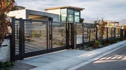 Modern house exterior with black metal gate. Entrance to the house.