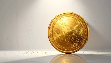A polished, golden coin rests on a reflective surface, gleaming under  lighting.