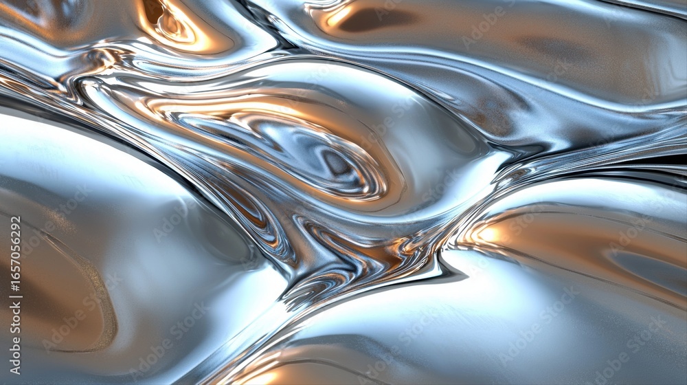 Poster dynamic patterns of liquid flow create futuristic texture showcasing blend of metallic tones and smo