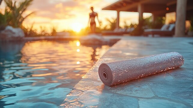 serene poolside scene featuring sparkling yoga mat resting on cool stone surface as person practices yoga in background during vibrant sunset.