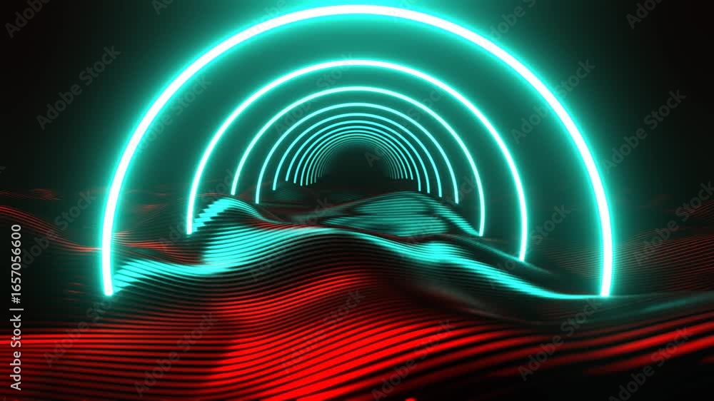 Poster abstract digital rendering of a neon turquoise tunnel over undulating black and red landscape.