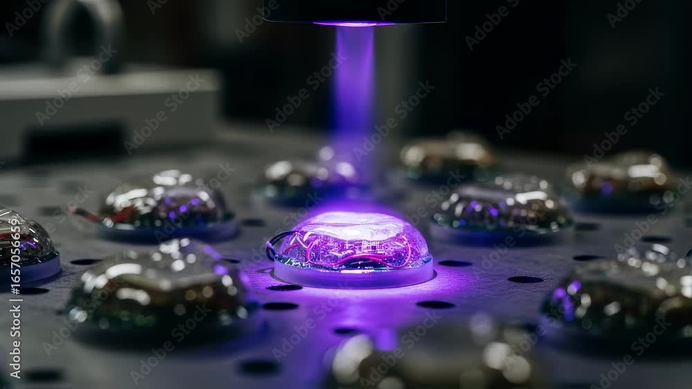 Poster potting resin curing under uv light on seismic survey nodes illustrating innovative methods for rapi