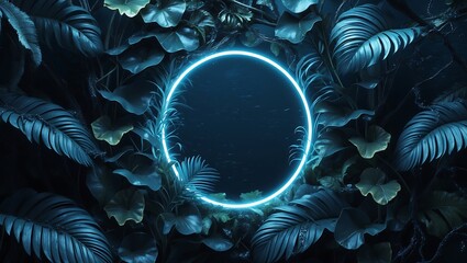 Mesmerizing blue neon circle illuminates a lush, dark tropical jungle, creating a vibrant, mysterious, and modern botanical background perfect for futuristic design concepts