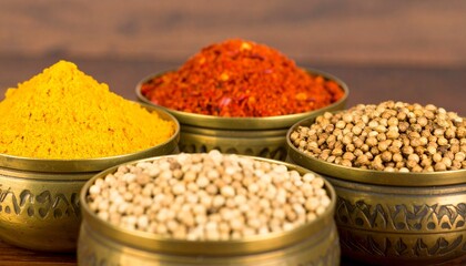 A macro close-up of a traditional Indian brass bowl filled with a vibrant mix of essential spices like turmeric, chili powder, and coriander seeds in an authentic kitchen setting.