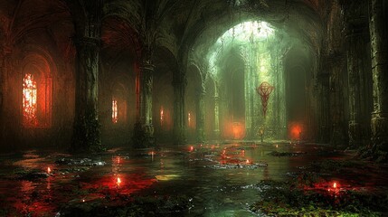 Ancient cathedral ruins create chilling atmosphere flickering candles and ghostly lights reflecting off dark waters. air is thick mystery and intrigue in medieval environment.