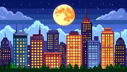 Pixelated city skyline at night