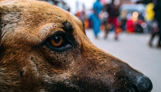 A poignant macro portrait of an Indian street dog, its expressive, emotional eyes looking up, capturing the vulnerability and soul of a stray animal in an urban environment.