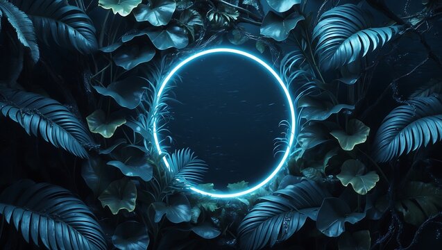 Mesmerizing blue neon circle illuminates a lush, dark tropical jungle, creating a vibrant, mysterious, and modern botanical background perfect for futuristic design concepts