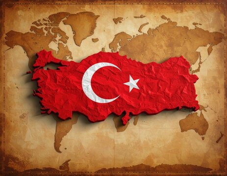 A map of turkey is overlaid with its national flag, set against a brown, vintage world map background. The image highlights country geographical location and national identity.