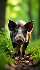 Iberian pig foraging acorns, lush green oak forest, earth, wildlife photography, outdoor