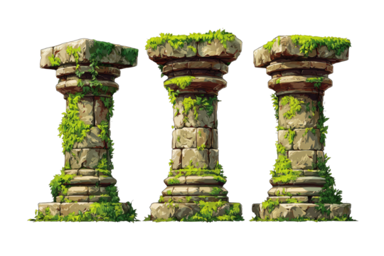 Three weathered stone pillars, overgrown with moss