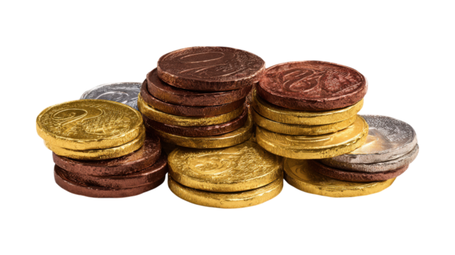 Euro currency, chocolate coins isolated on a white background