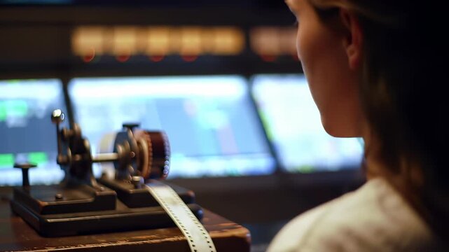 Focused young woman performing dedicated vintage film preservation, carefully analyzing old media on an antique film reader in a modern archival studio setting.