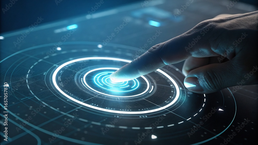 Poster close up of a human finger interacting with a glowing blue holographic interface displaying complex 
