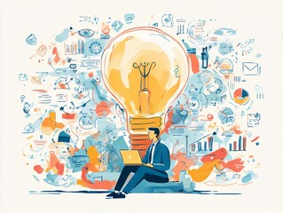 Creative professional working on laptop in front of a large light bulb surrounded by colorful ideas and charts illustrating innovation and brainstorming process