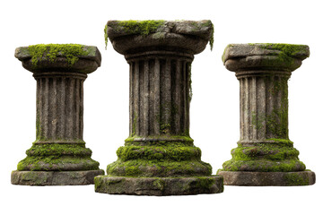 Three weathered stone pillars, ancient style,  covered in moss