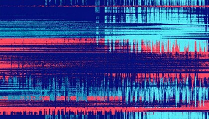 A vibrant, horizontal design features bold streaks of turquoise, coral, and navy blue, creating a striking abstract composition.