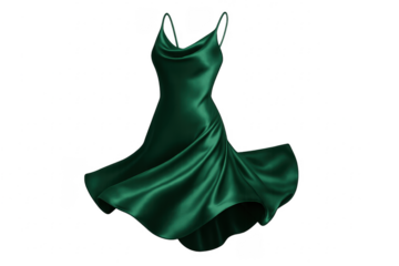 Elegant green satin dress flowing on transparent background