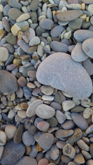 A close-up view of various smooth pebbles on a beach. The stones are in different sizes and colors, including gray, brown, and beige.