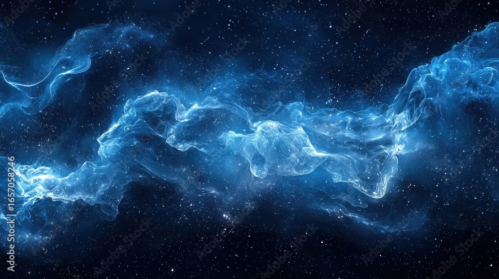 Poster artwork features captivating deep blue abstract design fluid swirling patterns reminiscent of cosmic