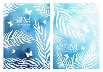 blue watercolor background with palm leaves and butterflies. hand drawn. Not AI, Vector illustration